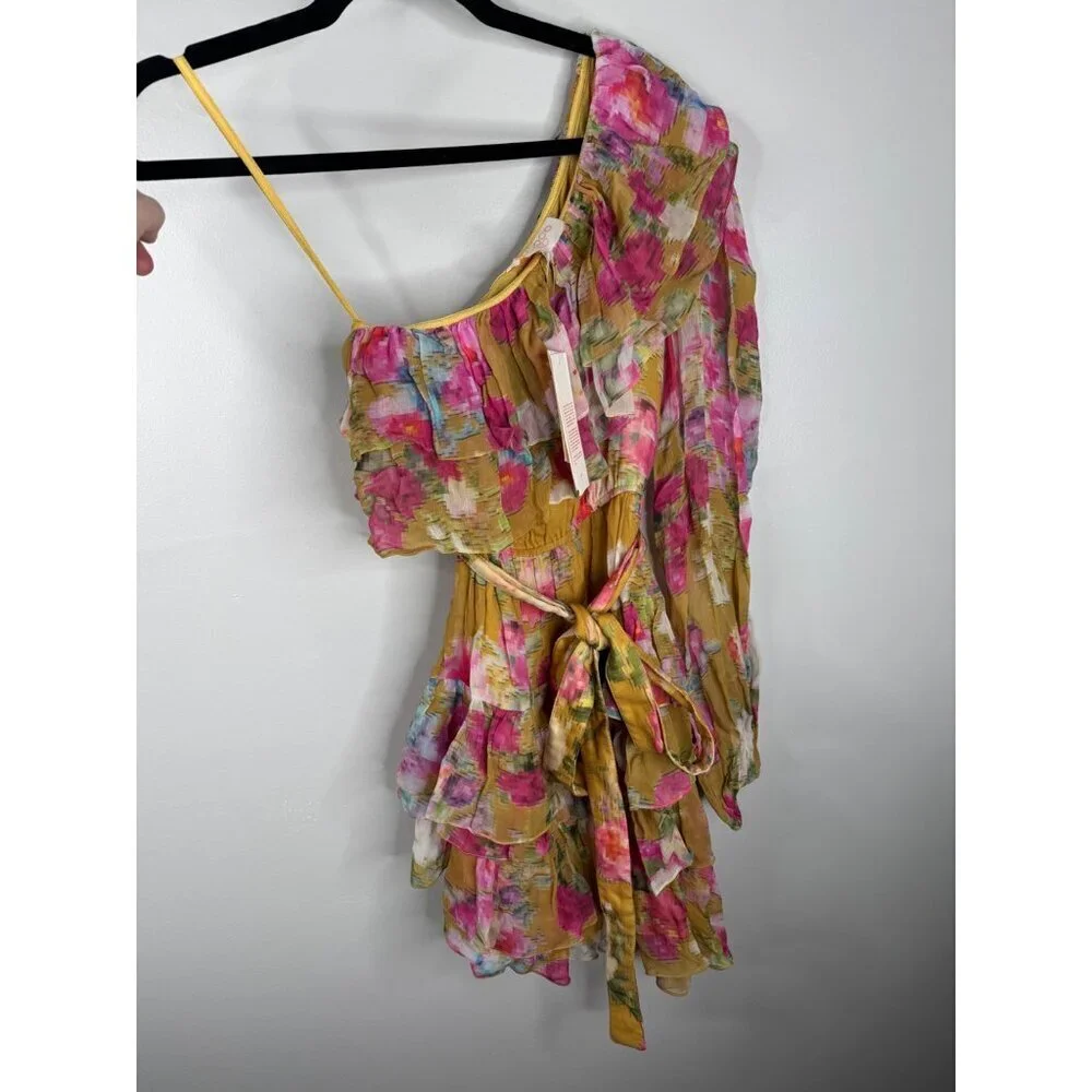 NWT ROCOCO SAND Avar Belted One Shoulder Dress Floral Chiffon Size XS Ochre